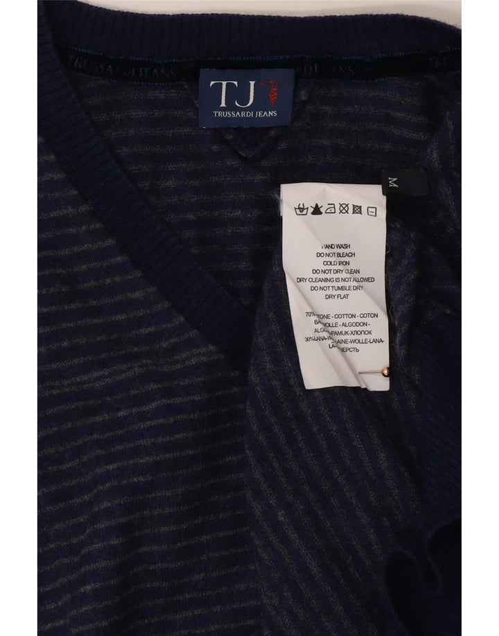 TRUSSARDI JEANS Мужской джемпер с v-образным вырезом, хлопковый свитер среднего синего цвета в полоску