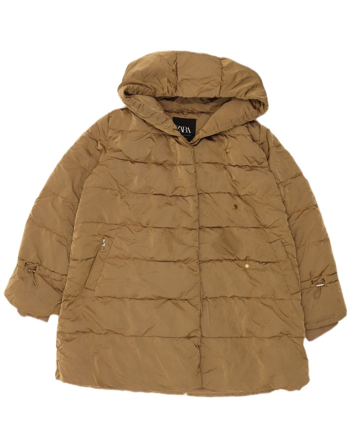 Женская утепленная куртка оверсайз с капюшоном Zara UK 14, средний хаки, полиамид