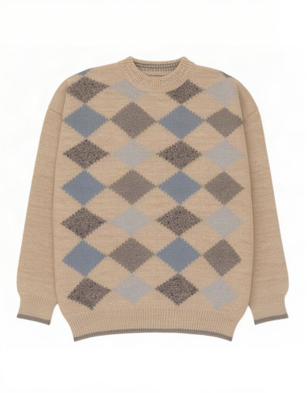 Vintage Mens Crew Neck Jumper Sweater XL Beige Argyle/Diamond Alpaca Wool