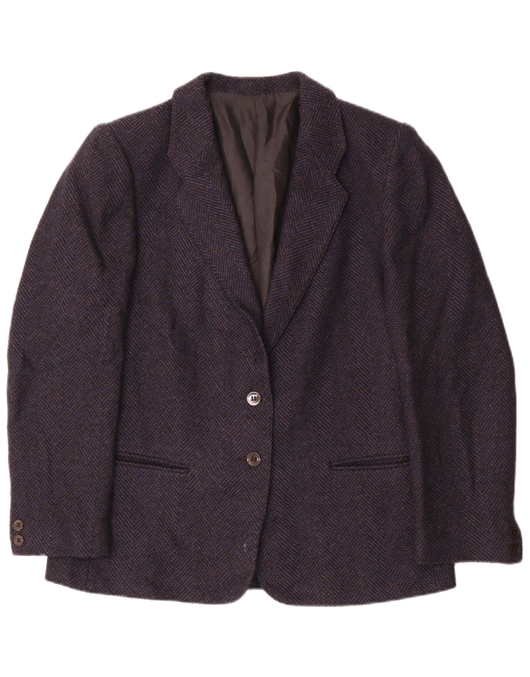 Винтажный женский пиджак на 2 пуговицах, Великобритания 14, средний темно-синий, шерстяной с шевроном