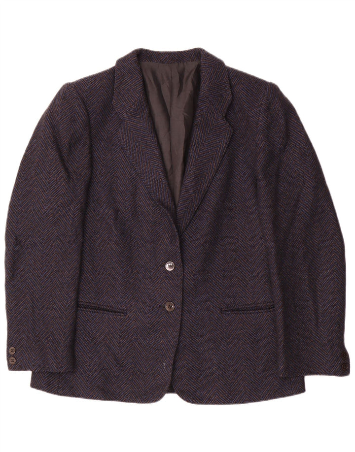 Винтажный женский пиджак на 2 пуговицах, Великобритания 14, средний темно-синий, шерстяной с шевроном