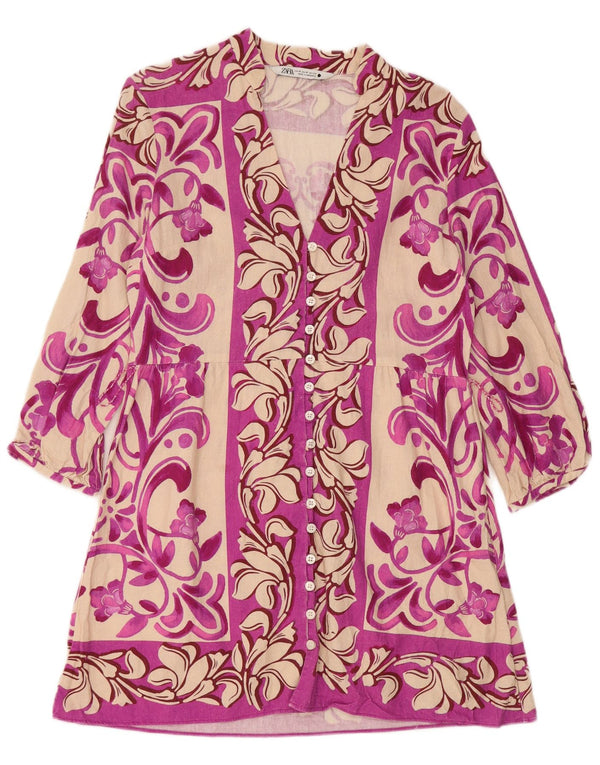 Zara Womens 3/4 Sleeve Shirt Dress UK 12 Medium Pink Floral Linen
