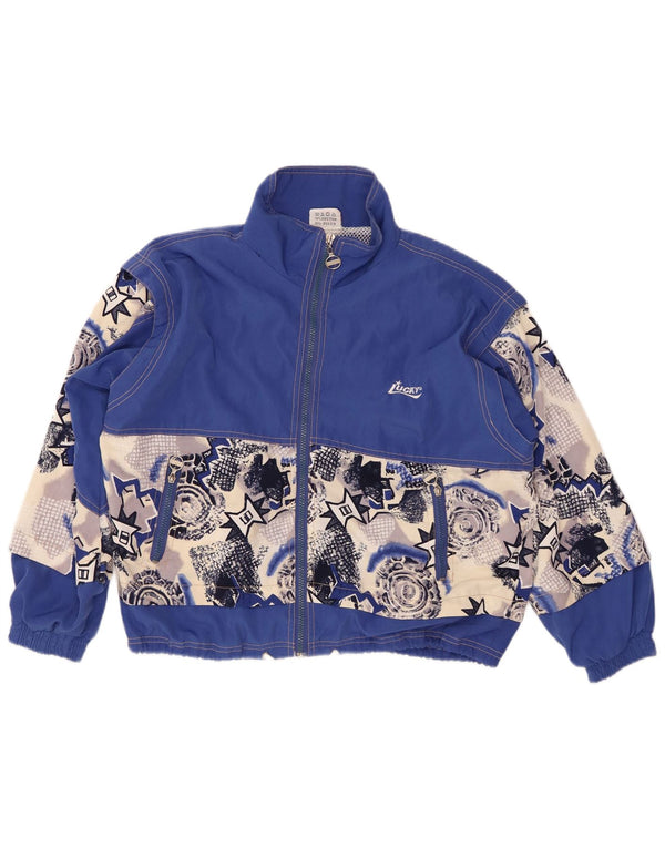 ВИНТАЖНЫЙ женский спортивный костюм, верхняя куртка UK 22, размер 3XL, синий хлопок с геометрическим рисунком