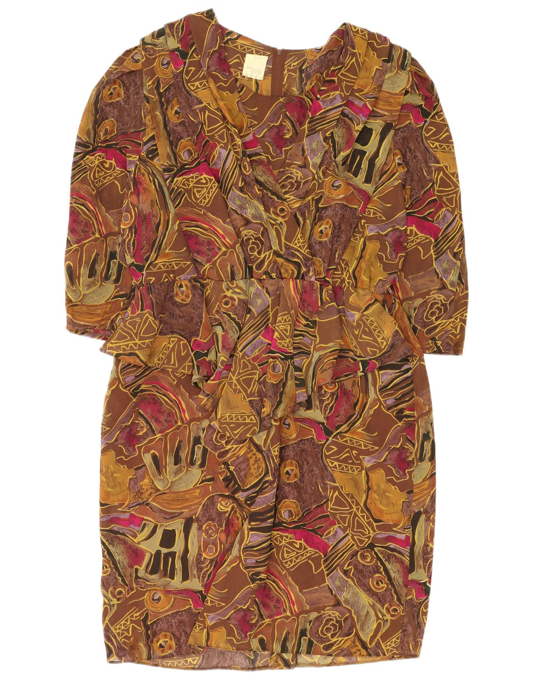 Винтажное женское платье-футляр с абстрактным узором и рукавами 3/4, Великобритания, 24, 4XL, коричневое