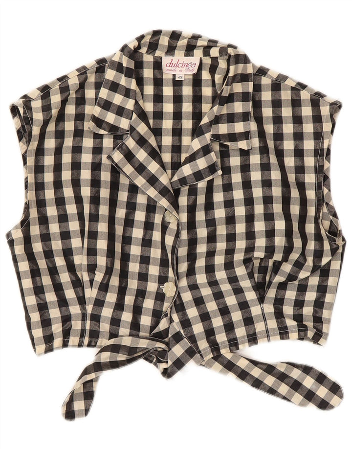 Винтажная женская укороченная блузка-рубашка без рукавов IT 42, средний черный в клетку