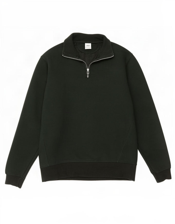 Мужской свитшот с воротником на молнии Zara, хлопковый джемпер среднего зеленого цвета