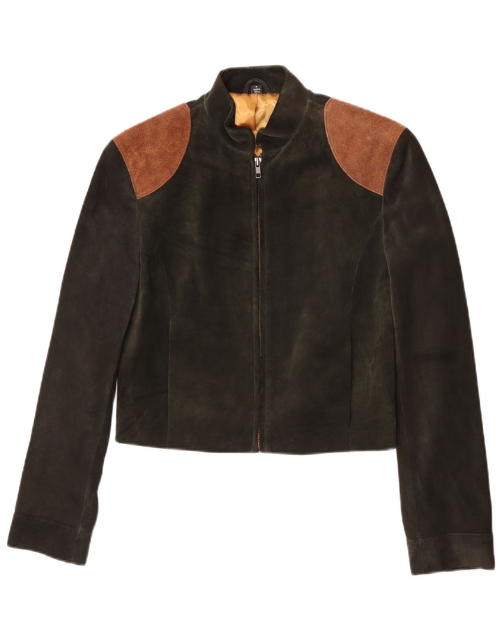 Винтажная женская укороченная куртка-бомбер UK 12, средний зеленый цвет с цветными блоками