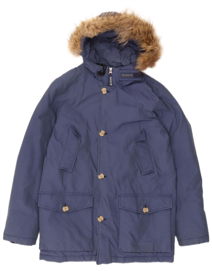 Пуховое пальто с капюшоном Woolrich для мальчиков 13–14 лет, синий хлопок