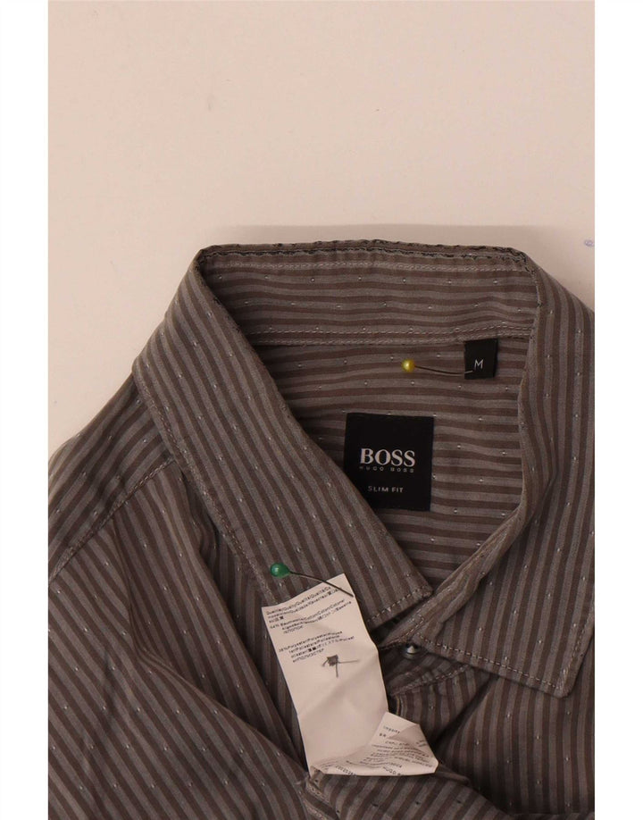 Hugo Boss Мужская рубашка приталенного кроя из хлопка среднего серого цвета в тонкую полоску
