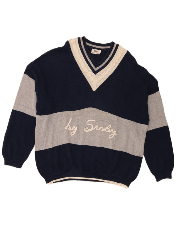 Мужской джемпер с v-образным вырезом и графикой Sisley XL, темно-синий, хлопковый с цветными блоками