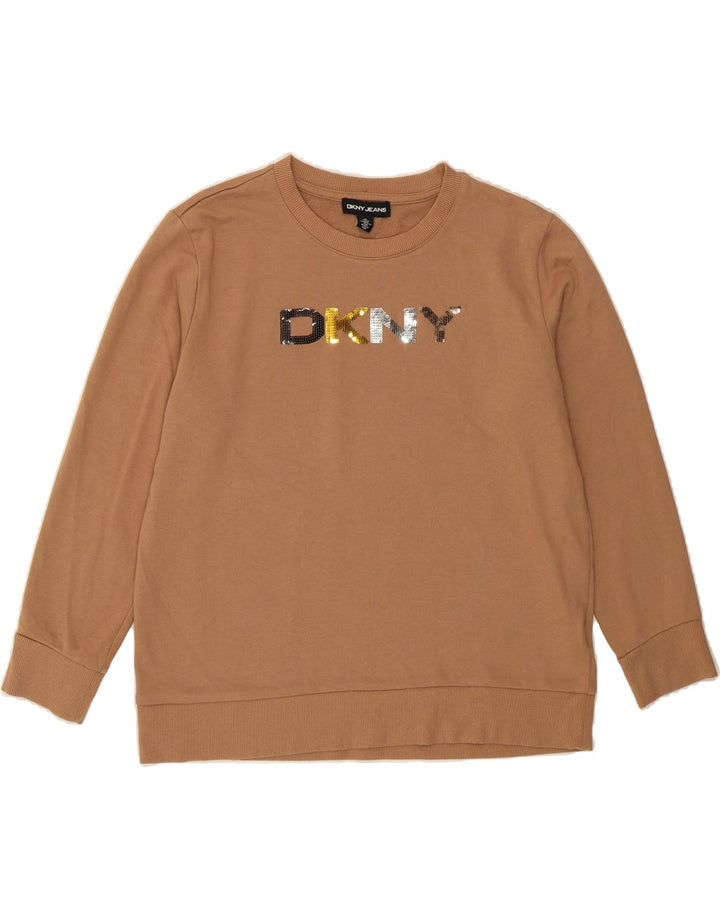 DKNY Womens Graphic Sweatshirt Jumper UK 12 Medium Brown Cotton Vintage Dkny and Second-Hand Dkny from Messina Hembry 
