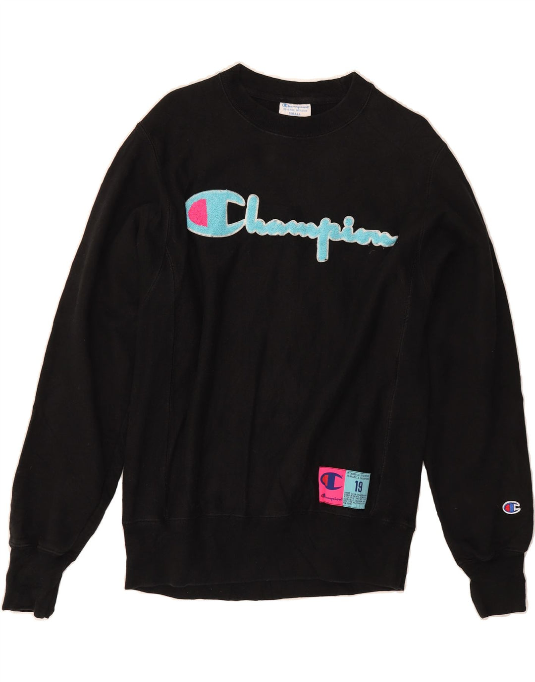 CHAMPION Womens Oversized Graphic Sweatshirt Jumper UK 10 Small Black Vintage Champion and Second-Hand Champion from Messina Hembry 