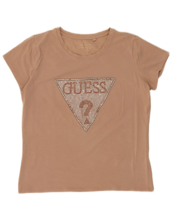 Женская укороченная футболка с графическим рисунком Guess UK 16, большой размер, бежевый хлопок