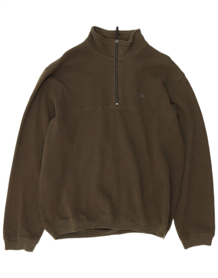 IZOD Mens Zip Neck Sweatshirt Jumper Medium Khaki Cotton