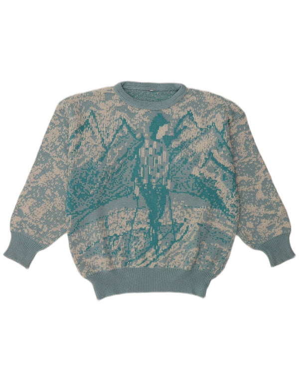 Винтажный женский джемпер с круглым вырезом и абстрактным узором, Великобритания, 16, большой синий цвет