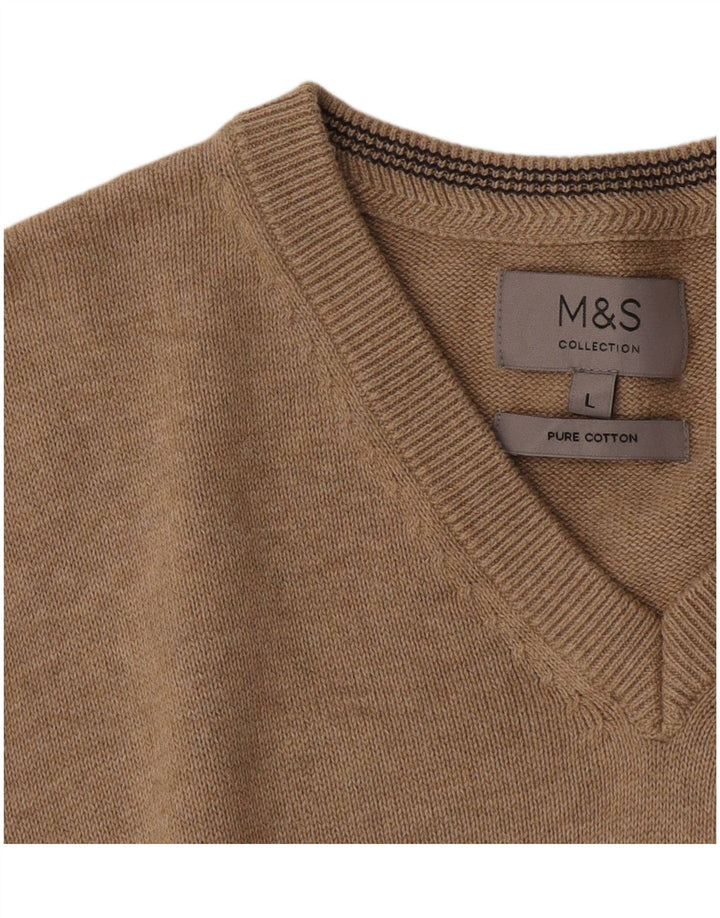 Мужской джемпер с v-образным вырезом MARKS & SPENCER, большой коричневый хлопковый свитер