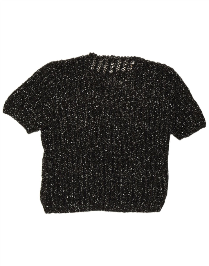 Винтажный женский джемпер с коротким рукавом с круглым вырезом, Великобритания 12, средний черный
