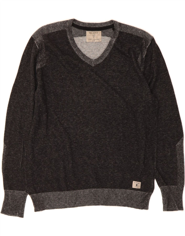 GUESS Mens V-Neck Jumper Sweater Medium Grey Flecked Viscose Vintage Guess and Second-Hand Guess from Messina Hembry 