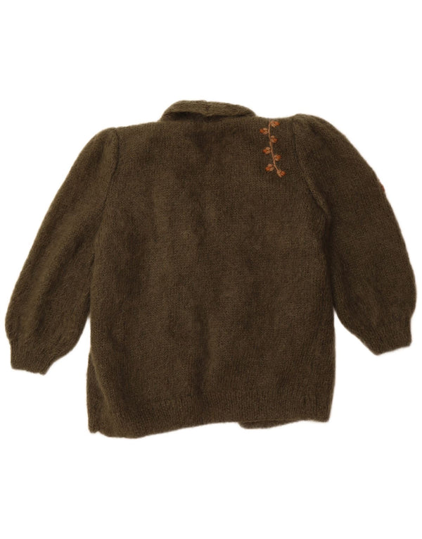 VINTAGE Womens Open Cardigan Sweater UK 14 Large Khaki Floral Mohair