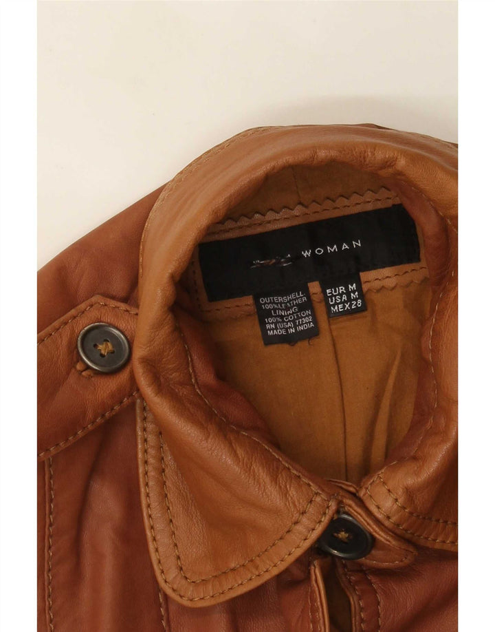 Женская кожаная куртка в стиле милитари Zara UK 14, средний коричневый цвет