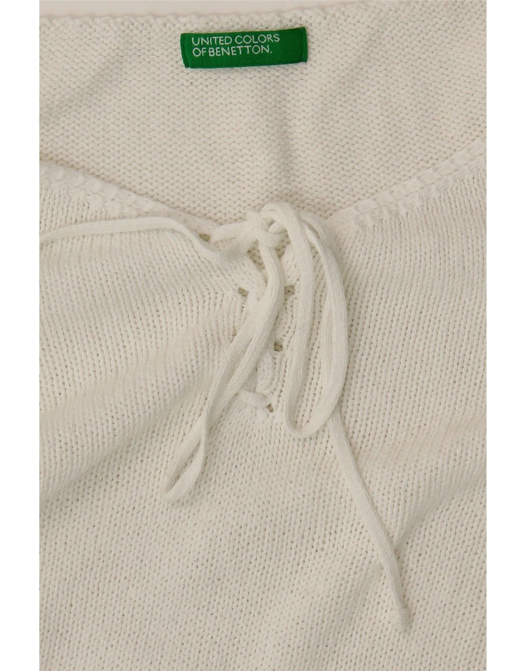 BENETTON Womens V-Neck Jumper Sweater UK 14 Medium White Cotton Vintage Benetton and Second-Hand Benetton from Messina Hembry 