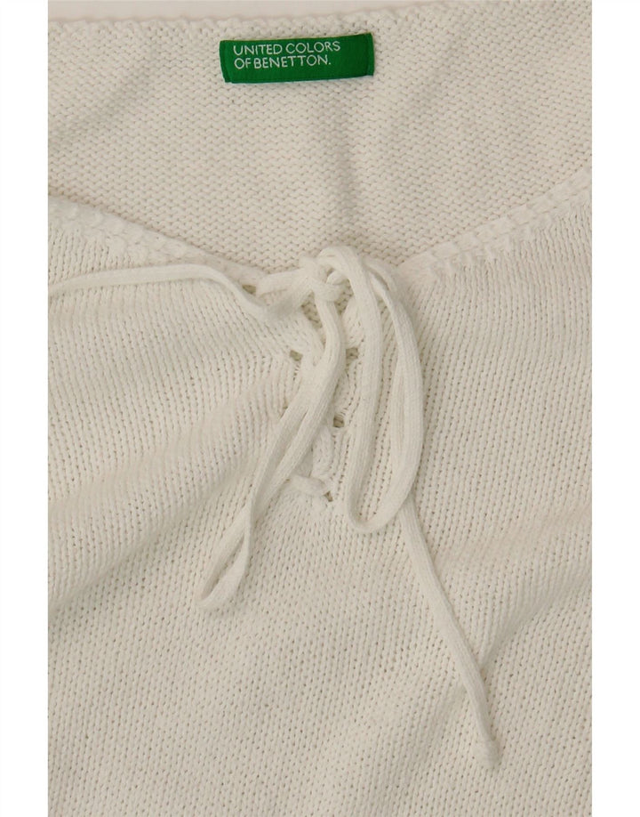 BENETTON Womens V-Neck Jumper Sweater UK 14 Medium White Cotton Vintage Benetton and Second-Hand Benetton from Messina Hembry 