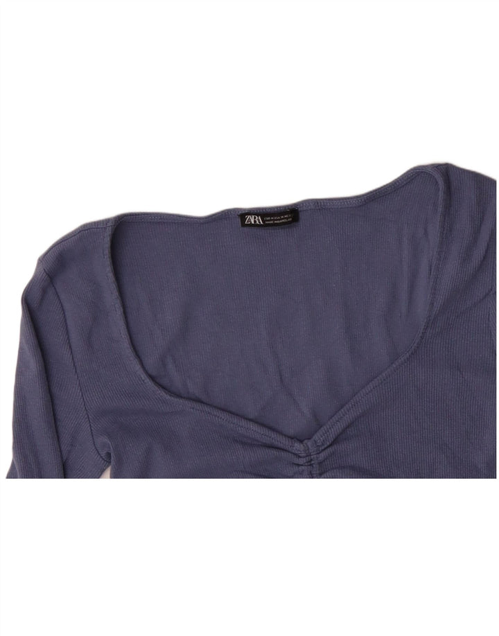 Женский укороченный топ ZARA с длинным рукавом UK 12, хлопок среднего синего цвета