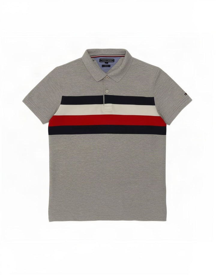 Мужская рубашка-поло приталенного кроя Tommy Hilfiger среднего серого цвета с цветными блоками