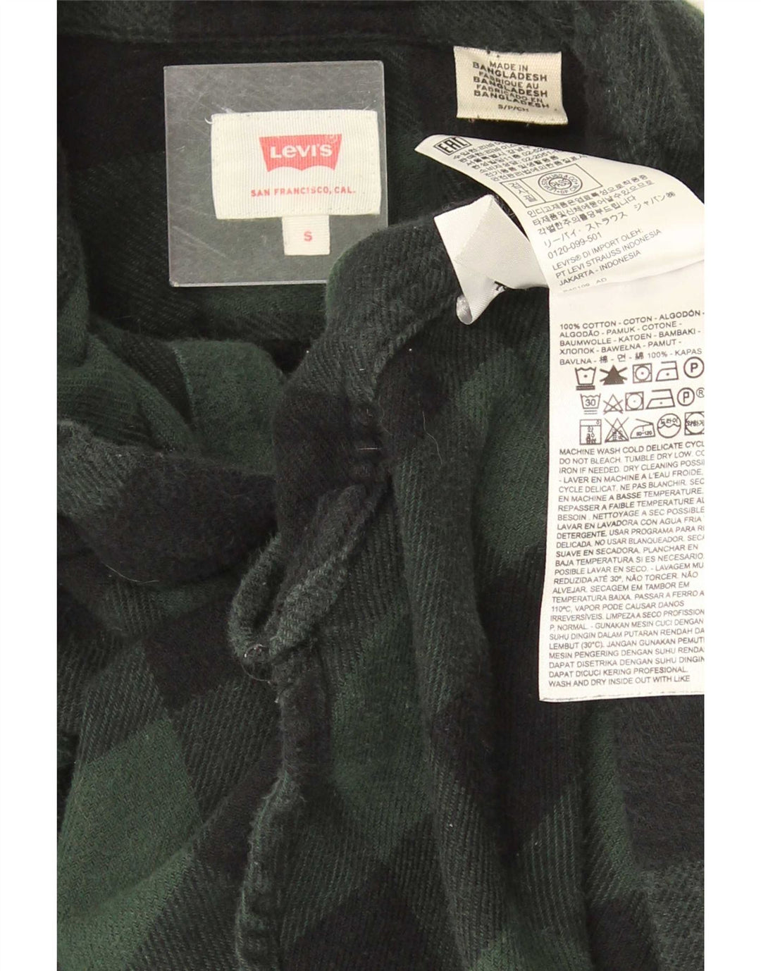 Мужская фланелевая рубашка Levi's маленького размера из хлопка в зеленую клетку