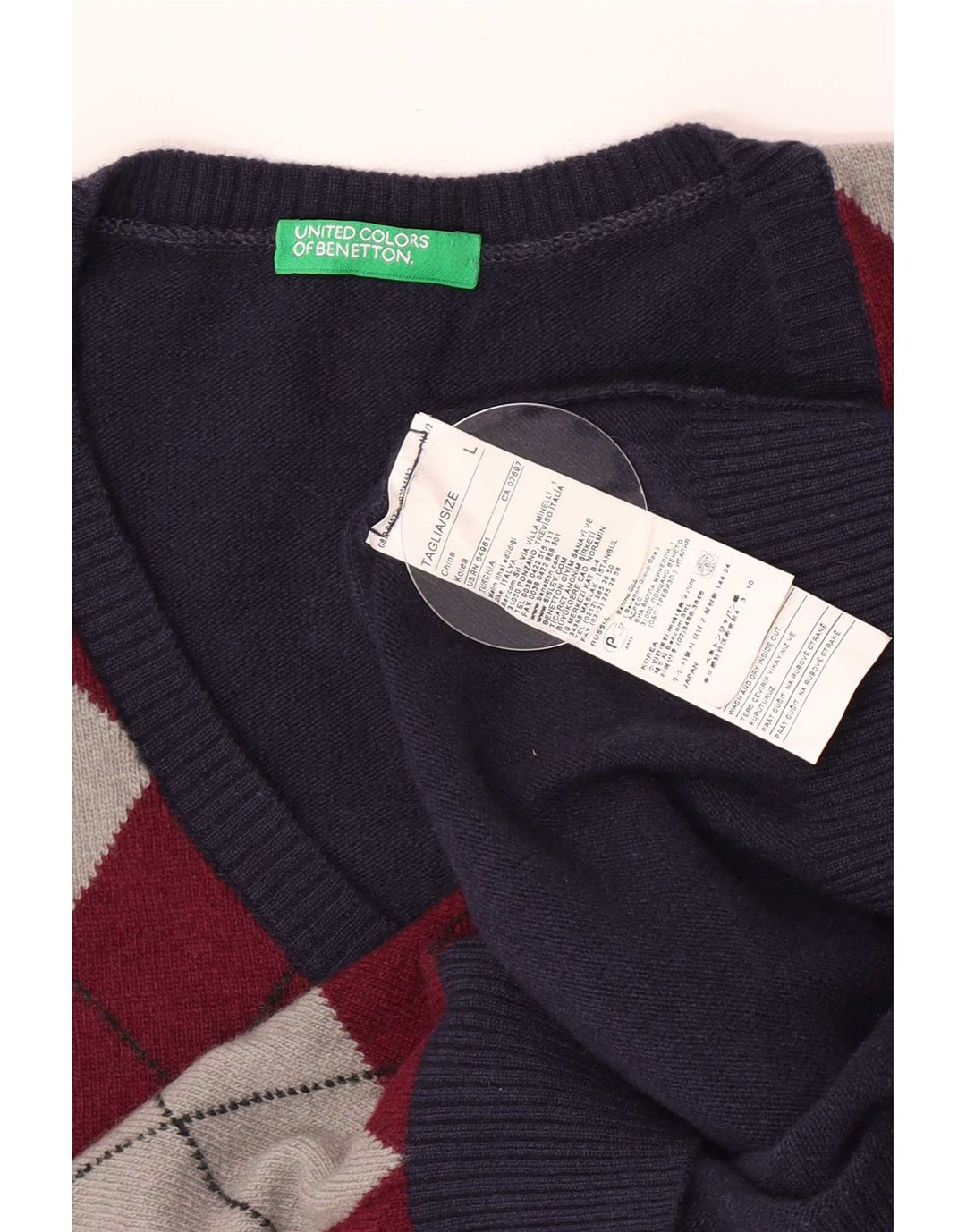 Мужской джемпер Benetton с v-образным вырезом, большой темно-синий, шерсть с узором аргайл/ромб