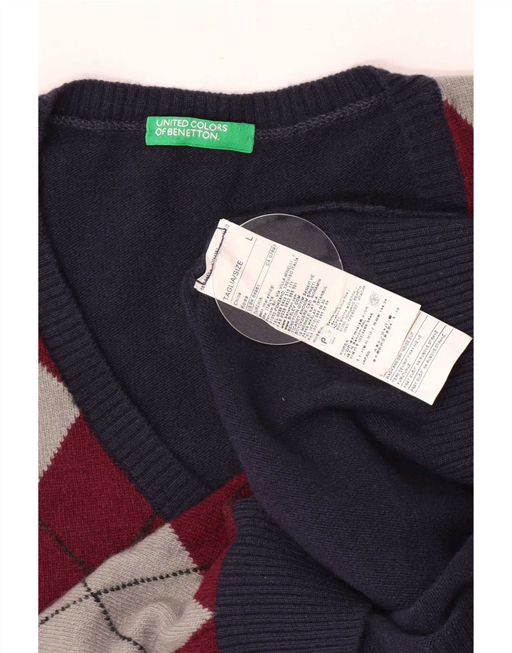 Мужской джемпер Benetton с v-образным вырезом, большой темно-синий, шерсть с узором аргайл/ромб
