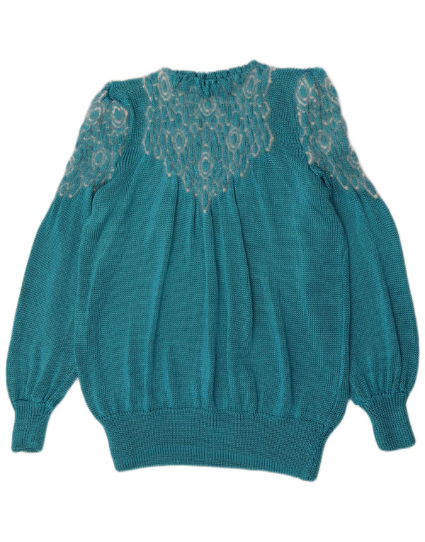 Винтажный женский джемпер с круглым вырезом и абстрактным узором, Великобритания, 14, большой синий цвет