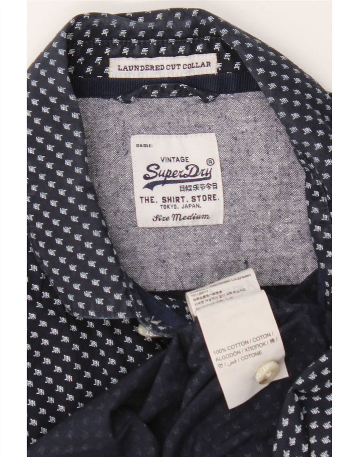 Superdry Мужская рубашка с коротким рукавом среднего размера, темно-синяя, хлопковая с геометрическим рисунком