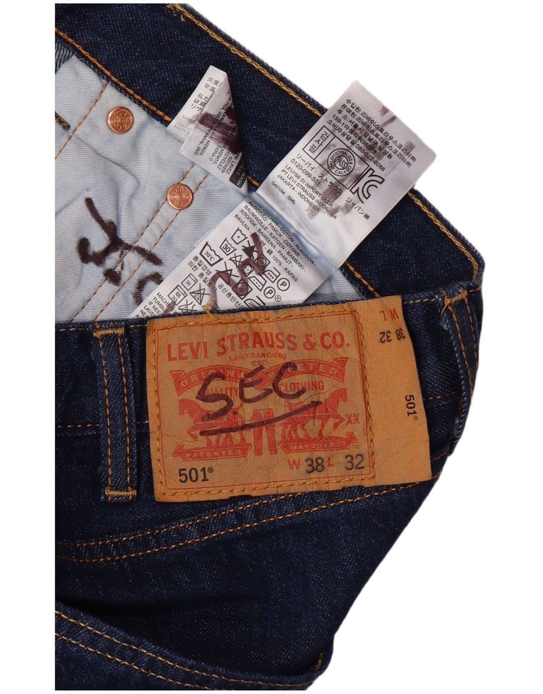 Мужские прямые джинсы LEVI'S 501 W38 L27 синие, хлопок
