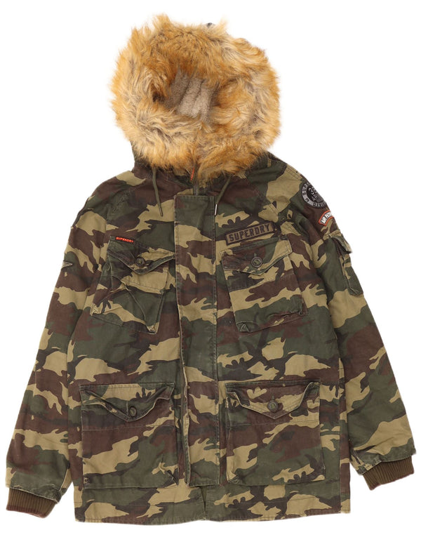 Мужская парка Superdry с капюшоном UK 40, большой камуфляжный хлопок цвета хаки