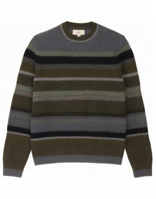 Marks & Spencer Mens Crew Neck Jumper Sweater Medium Khaki Striped