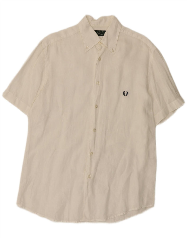 Мужская рубашка с коротким рукавом Fred Perry среднего размера, белая льняная ткань