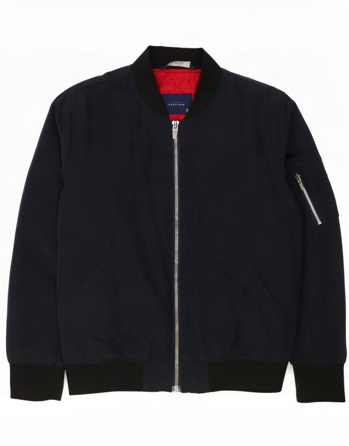 Мужская куртка-бомбер Zara UK 40, большая темно-синяя, полиэстер с цветными блоками
