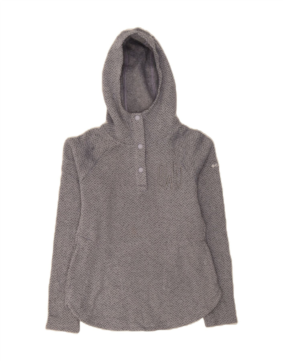 COLUMBIA Womens Hoodie Jumper UK 10 Small Grey Herringbone Polyester Vintage Columbia and Second-Hand Columbia from Messina Hembry 