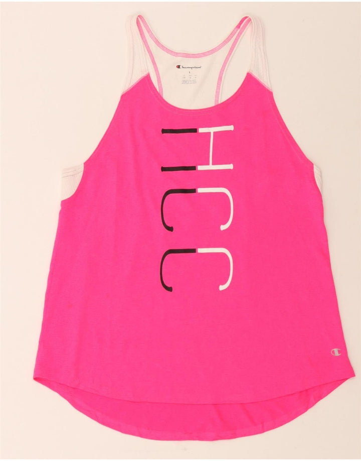 CHAMPION Womens Graphic Vest Top UK 14 Large Pink Colourblock Polyester Vintage Champion and Second-Hand Champion from Messina Hembry 