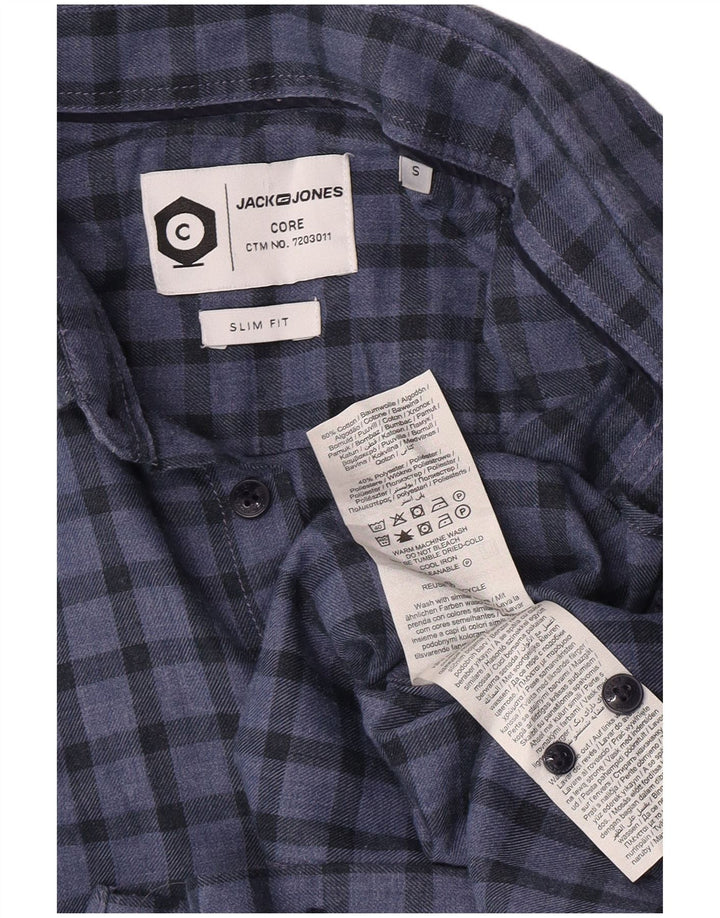 Мужская рубашка узкого кроя Jack & Jones, маленькая синяя хлопковая клетка в мелкую клетку