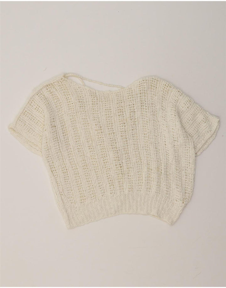 Винтажный женский укороченный джемпер с v-образным вырезом и короткими рукавами, Великобритания 14, средний белый цвет