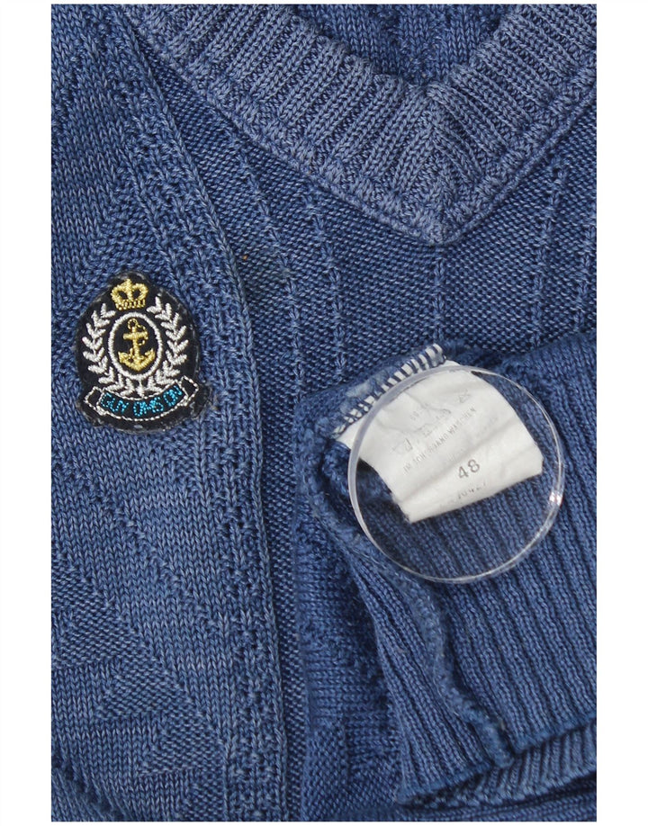 Винтажный мужской джемпер с v-образным вырезом IT 48, средний синий хлопок