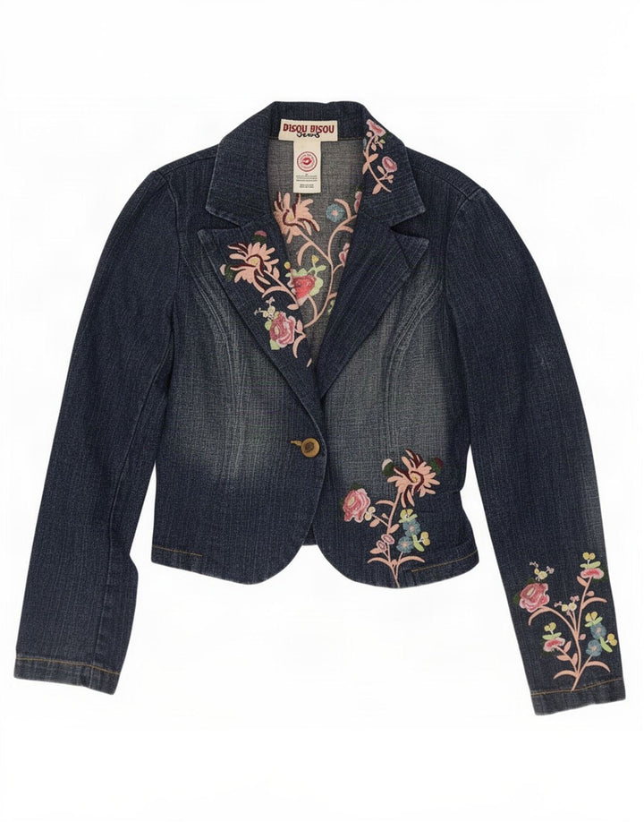 Женский укороченный пиджак на 1 пуговице Bisou, Великобритания, 10, маленький синий с цветочным принтом