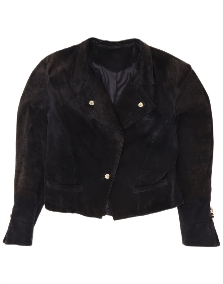 ВИНТАЖНЫЙ женский укороченный пиджак на 1 пуговице, Великобритания 14, средний темно-синий из вискозы