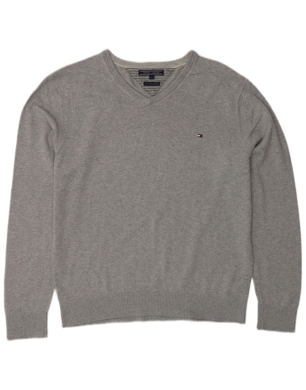 Мужской джемпер с v-образным вырезом Tommy Hilfiger, большой серый хлопковый свитер