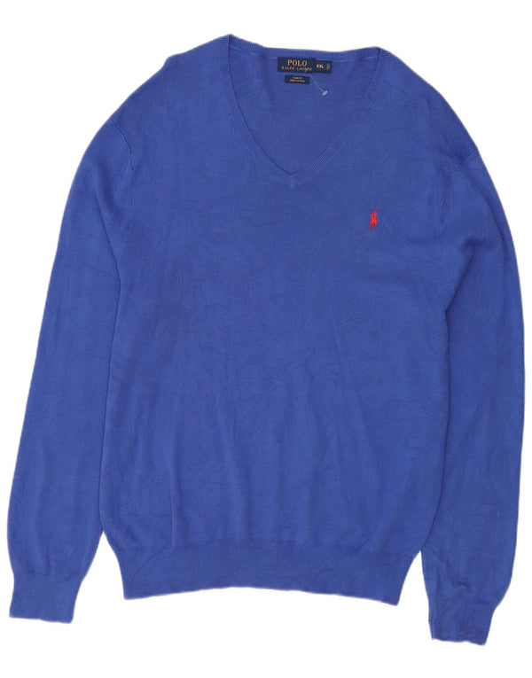 Polo Ralph Lauren Mens Slim Fit V-Neck Jumper Sweater 2XL Blue Cotton