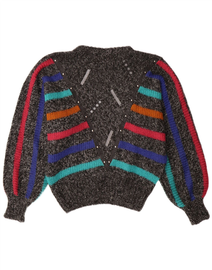 ВИНТАЖНЫЙ женский джемпер с круглым вырезом «крыло летучей мыши», Великобритания 14, средний серый в полоску