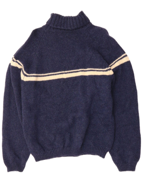 VINTAGE Womens Roll Neck Jumper Sweater UK 14 Large Navy Blue Striped Wool