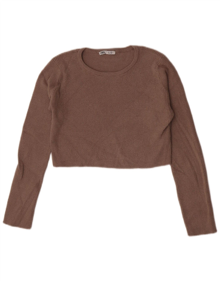 Женский укороченный топ ZARA с длинным рукавом UK 14, большой размер, коричневый, вискоза